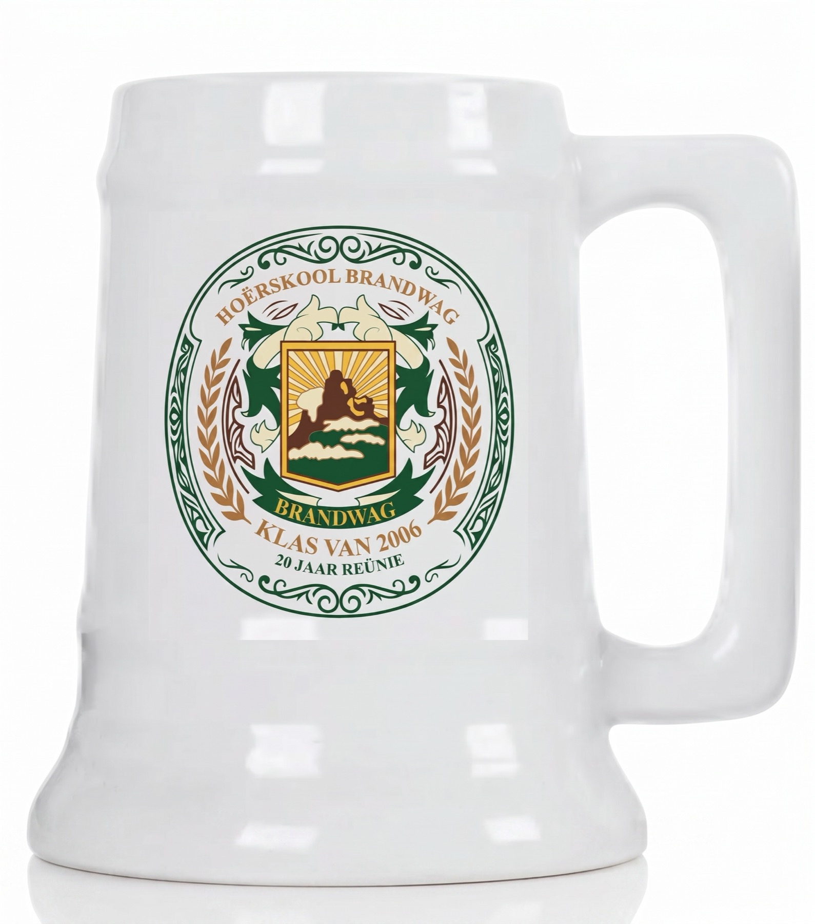 Wit Oktoberfest-stein met die Brandwag Klas van 2006 20 Jaar Reünie-wapen